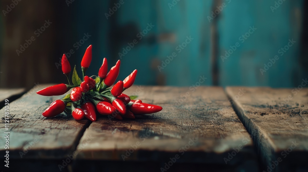 Poster fresh and vibrant red chili peppers arranged beautifully on rustic wooden table with a soft blue bac