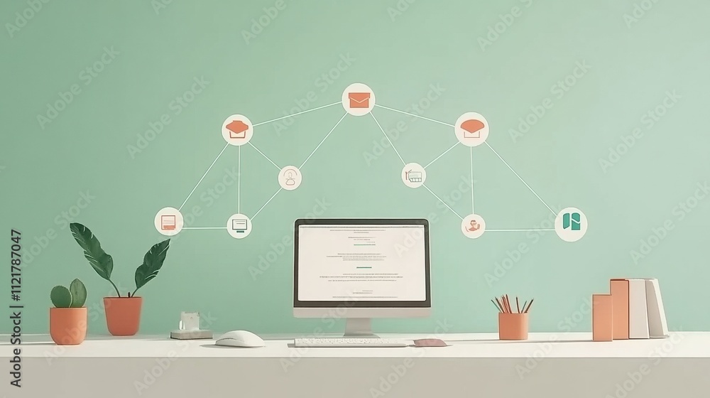 Aufkleber minimalist and organized home office setup with desktop computer and connectivity concept