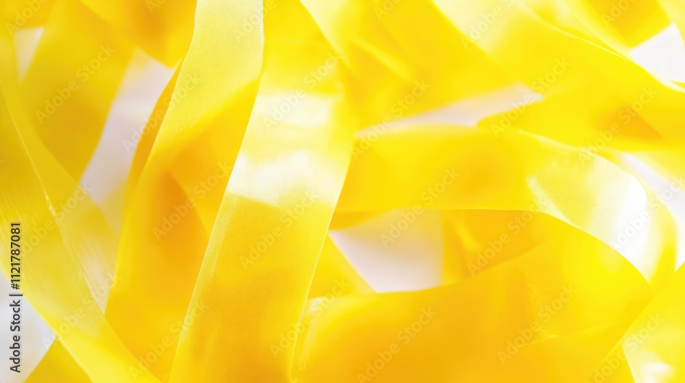 Poster close up of translucent yellow ribbon on a white background showcasing soft textures and vibrant col