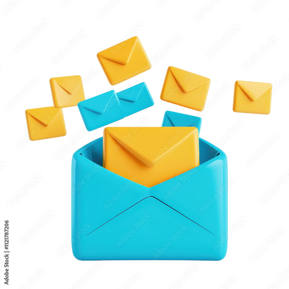 Poster a colorful mail envelope with smaller envelopes flying out, symbolizing communication and message de