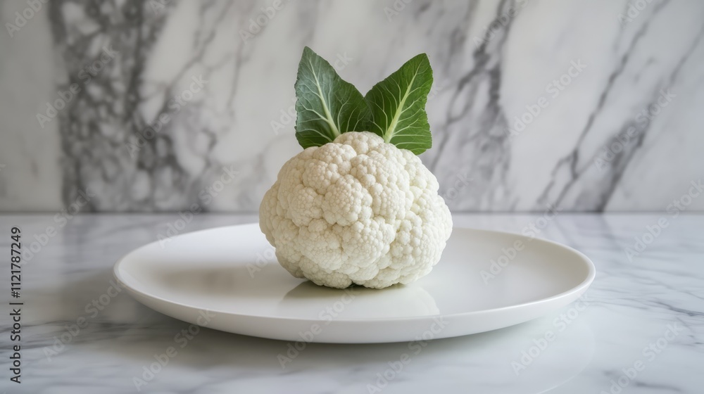 Poster roman cauliflower on a white plate with green leaves and a marble background highlighting its unique