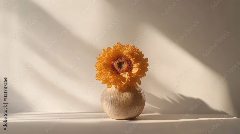 Poster still life of a vibrant sunflower in a minimalist vase with soft shadows against a light background 