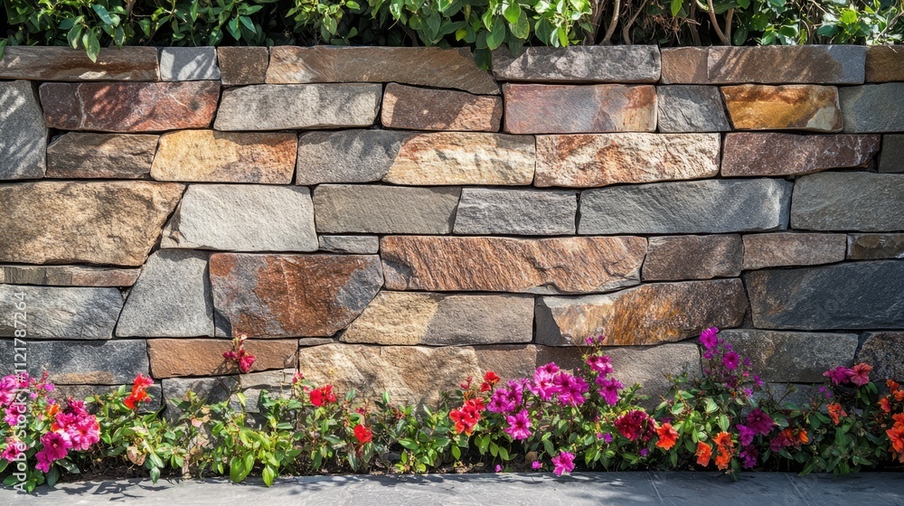 Poster Textured stone wall with colorful flower border creating a serene natural backdrop for various design applications and artistic projects.