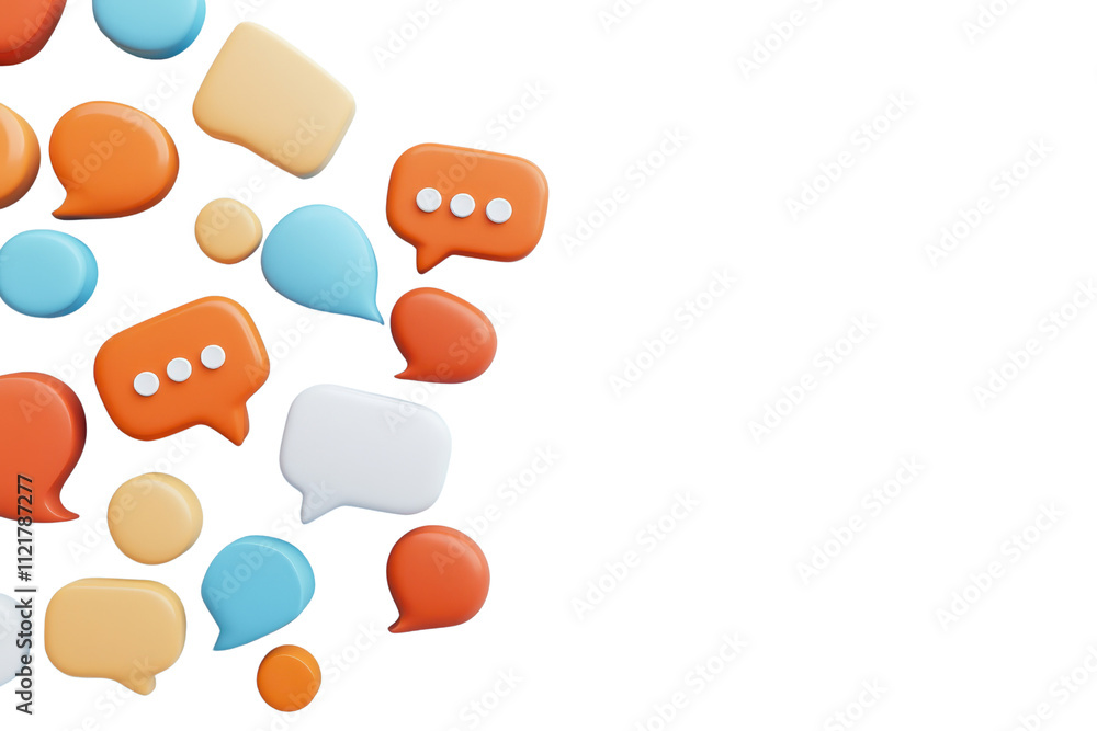 Poster colorful speech bubbles in various shapes and sizes, representing communication and conversation.