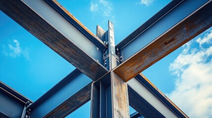 Industrial steel architecture showcasing structural beams against a clear blue sky highlighting construction and engineering excellence.
