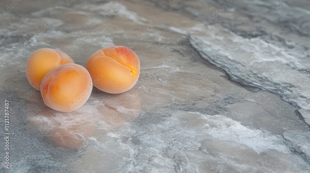 Poster fresh apricots on a marble surface showcasing natural colors and textures in a minimalist setting