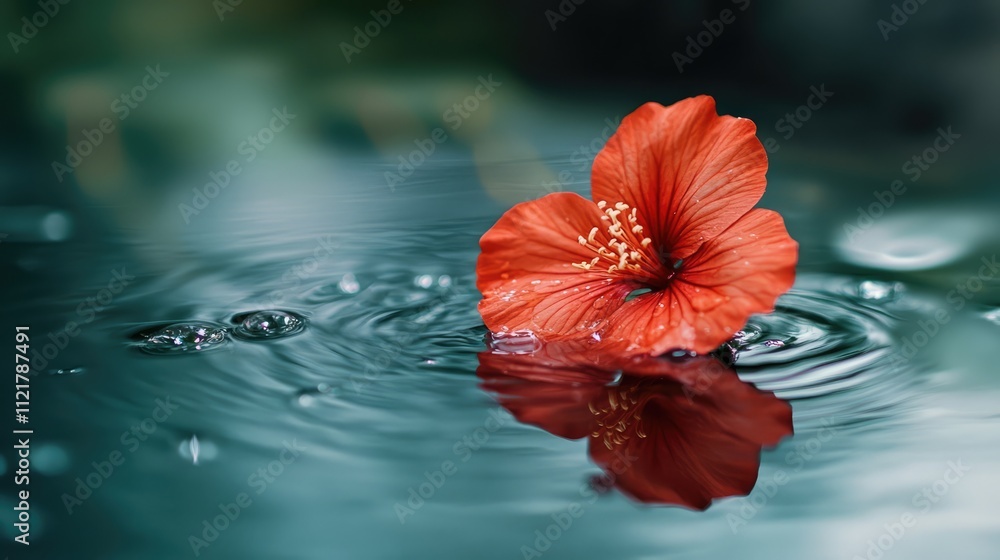 Poster Vibrant red flower floating on serene water surface with ripples and soft reflections creating a tranquil natural scene