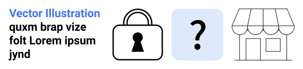 Lock icon, question mark emblem, and storefront outline in vector style. Ideal for security, uncertainty, retail, e-commerce, decision-making privacy concerns and business planning. Landing page