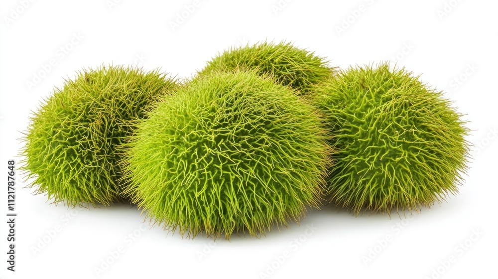 Poster fresh green chestnut burs with spiky outer shells arranged on a white background showcasing their na