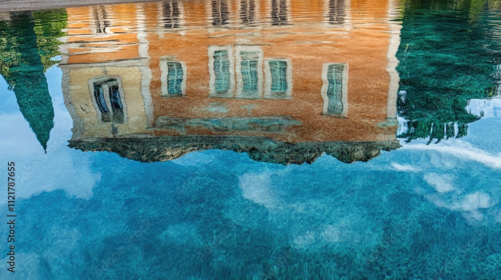 Poster Reflection of a charming villa in serene pool water creating a tranquil and picturesque scene capturing nature's beauty