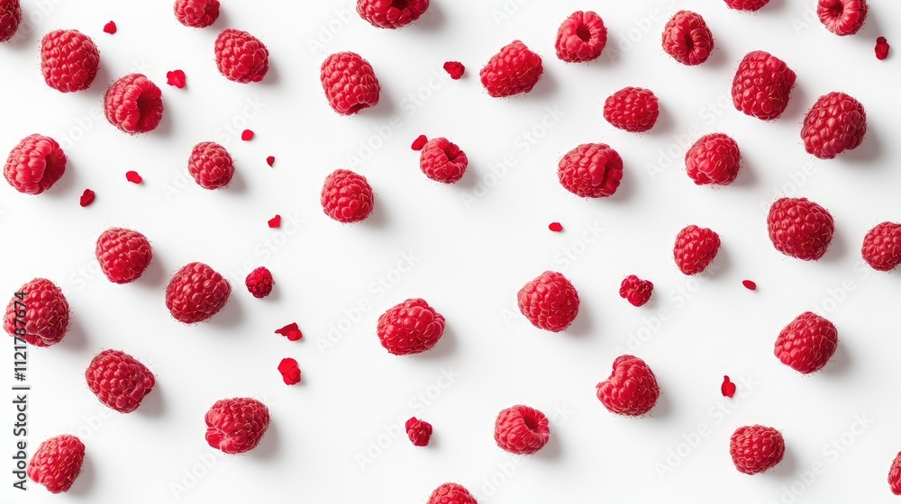 Poster fresh raspberries scattered on a clean white background showcasing their vibrant color and natural t