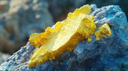 Vibrant yellow sulfur crystal on a rocky surface showcasing its unique mineral texture and importance in various industrial applications