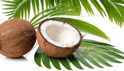 Fresh coconuts sit on vibrant green palm leaves, showcasing their brown exterior and white interior. This arrangement evokes a tropical vibe, ideal for summer parties and decorations