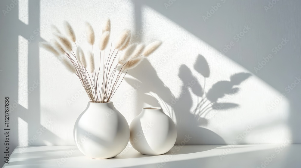 Poster scandinavian vase set casting shadows with bunny tail grass in a minimalist interior decoration on a