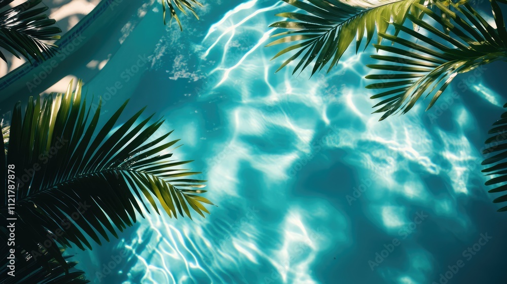Poster aerial view of serene swimming pool with water ripples and palm leaf shadows creating a tranquil sum