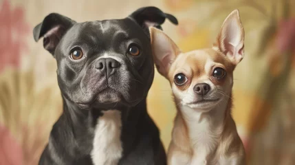 Staffordshire Bull Terrier and Chihuahua posing together in a soft colorful backdrop capturing their adorable companionship and unique personalities.