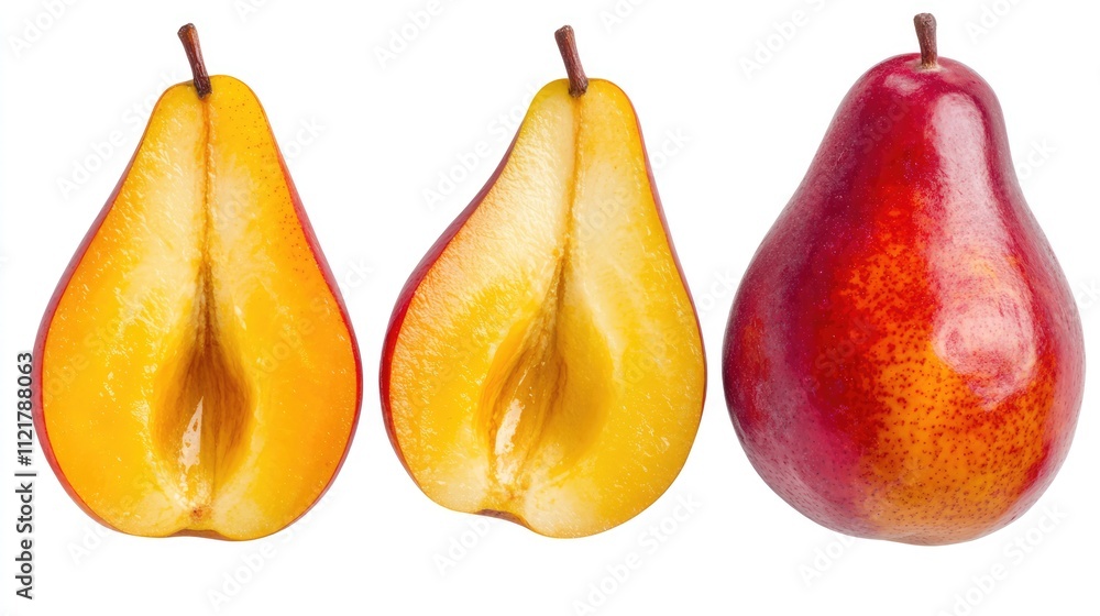 Poster colorful red and yellow pear fruits sliced and whole on a white background showcasing freshness and 