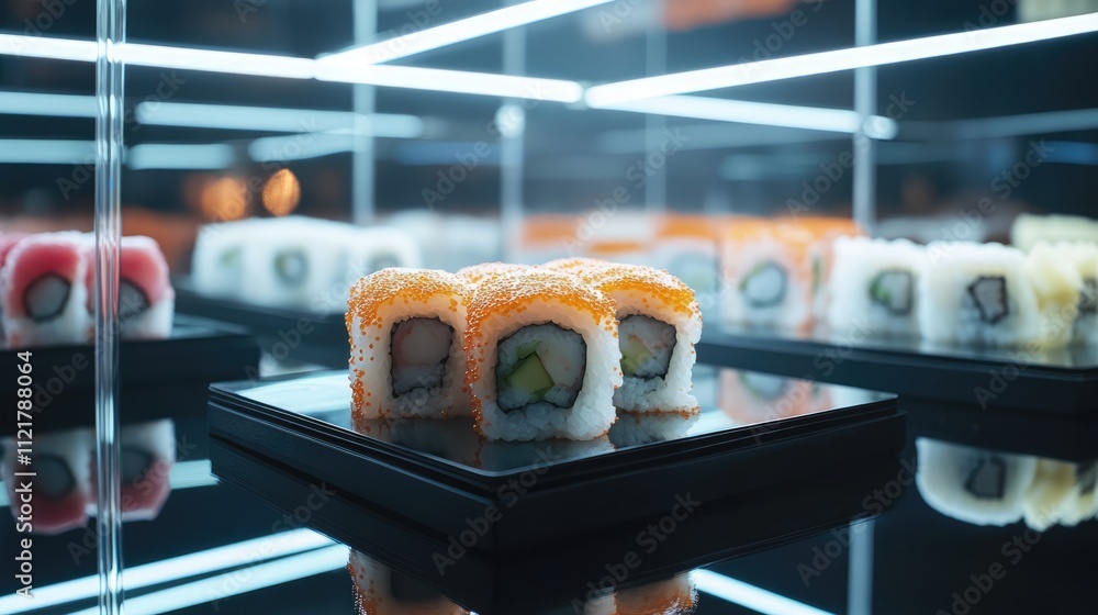Poster sushi rolls artfully arranged on a reflective black surface in a modern display setting with vibrant