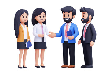 Fototapeta premium Four stylized characters engaging in a friendly conversation, with two women and two men dressed in professional attire.
