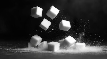 White sugar cubes falling in slow motion with powdered sugar dust creating a dramatic effect on a dark background.
