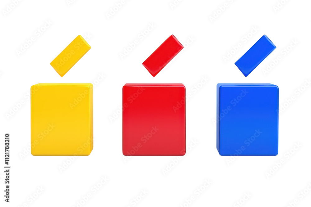 Poster three colorful blocks in yellow, red, and blue, each with a smaller block resting on top at an angle