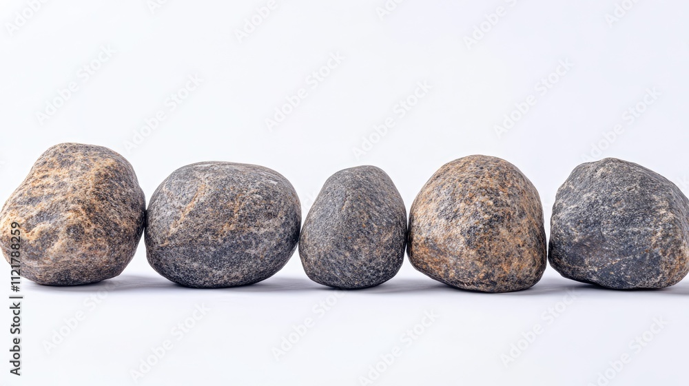 Poster close up of smooth ocean stones arranged in a line against a clean white background showcasing natur