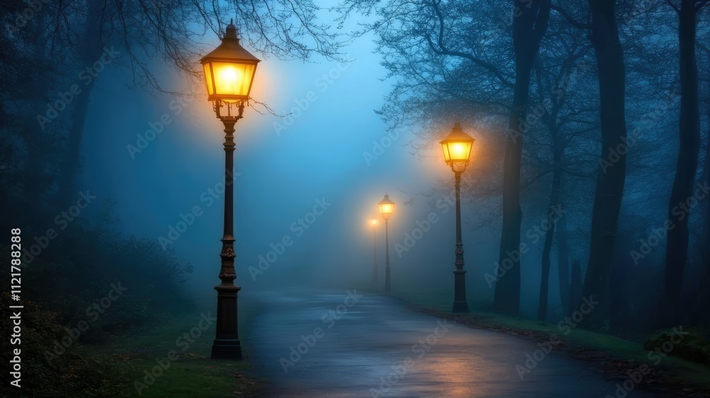 Poster misty night scene with glowing lanterns lining a deserted road under fog illuminating a tranquil pat