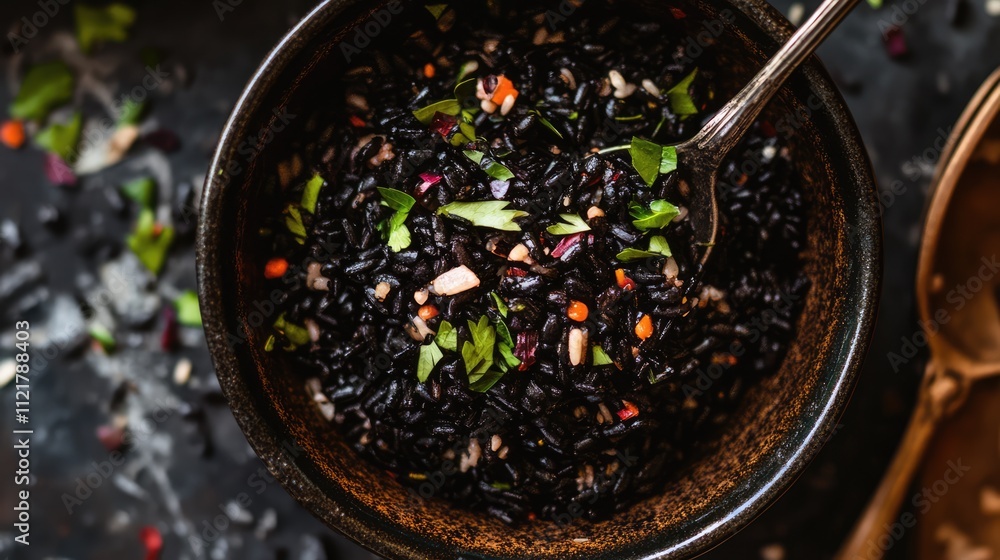 Aufkleber black rice with fresh herbs and colorful toppings in a rustic bowl on a dark background showcasing a