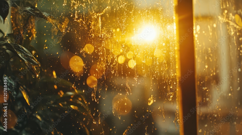 Aufkleber sunset reflection on a rain-soaked window capturing golden hour light and soft bokeh effects in a tr