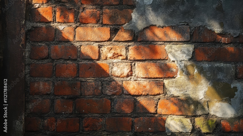 Poster sunlight casting shadows on a weathered red and brown brick wall creating a textured urban backgroun
