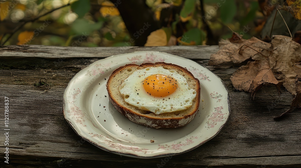 Aufkleber rustic farmhouse breakfast featuring a fried egg on bread served on a decorative plate atop a weathe