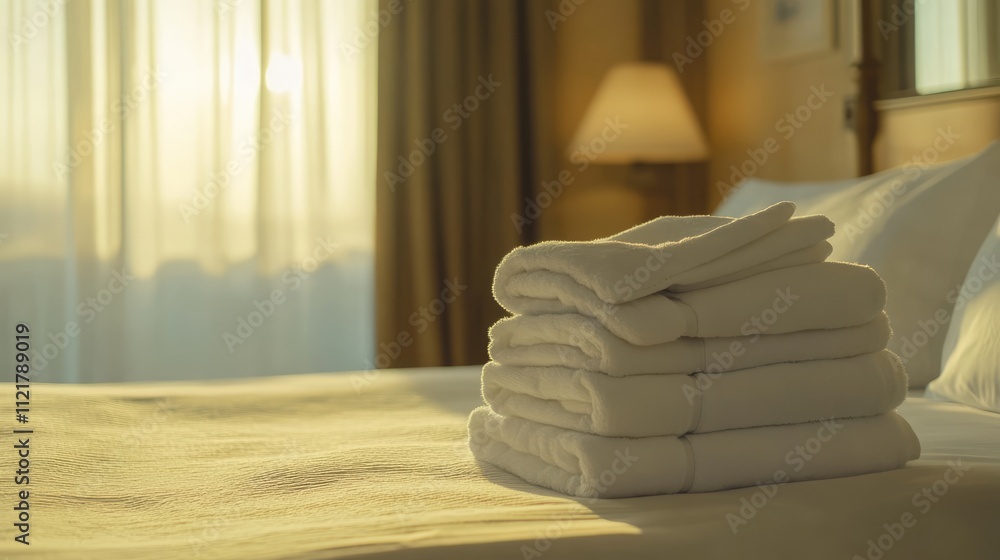 Poster neatly stacked white towels on a plush hotel bed with soft natural lighting creating a serene and in