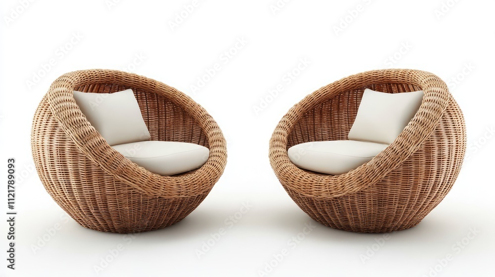 Poster cozy round wicker chairs with cushions on a clean white background showcasing modern design and comf
