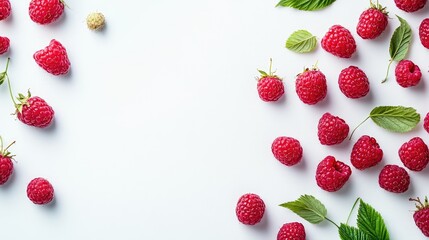 Fresh ripe raspberries with green leaves arranged on a clean white background showcasing natural...