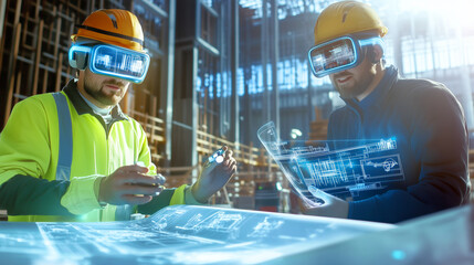 Construction workers using virtual reality for project planning