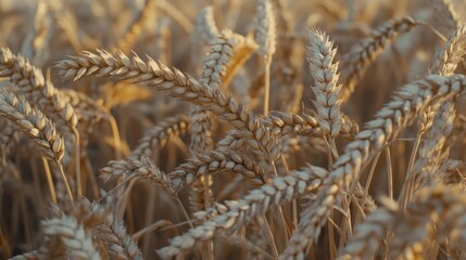 Fototapeta premium Wheat stalks in a golden hour field with shallow depth of field highlighting the beauty of agriculture and nature's harvest time