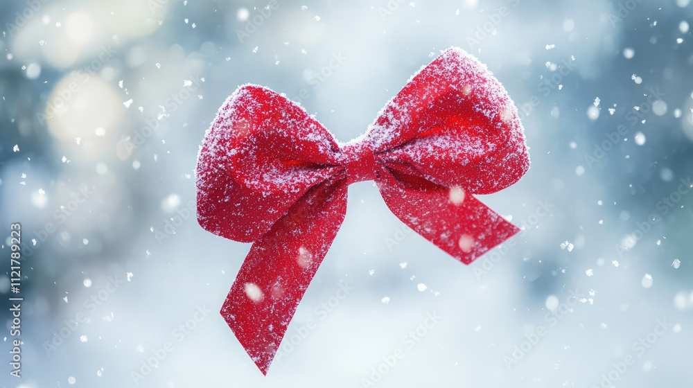 Poster Red festive bow adorned with snowflakes on a soft white snow texture background creating a winter wonderland atmosphere