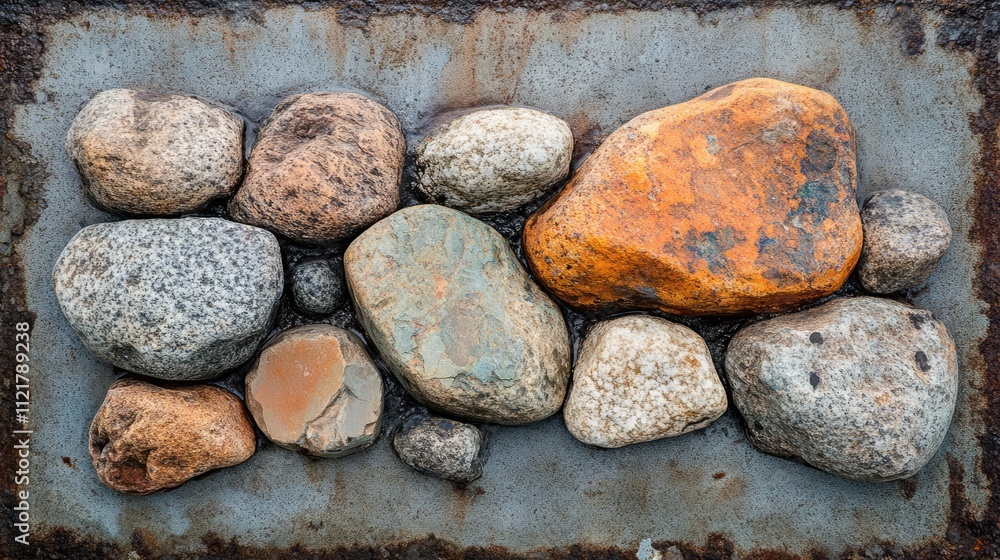 Poster asymmetrical stones arranged on a textured surface creating a natural and rustic backdrop for design