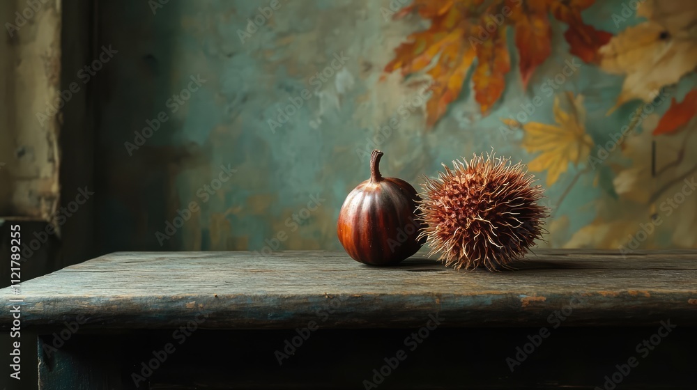 Poster ripe japanese chestnut and its spiky husk displayed on a rustic wooden table against an artistic aut