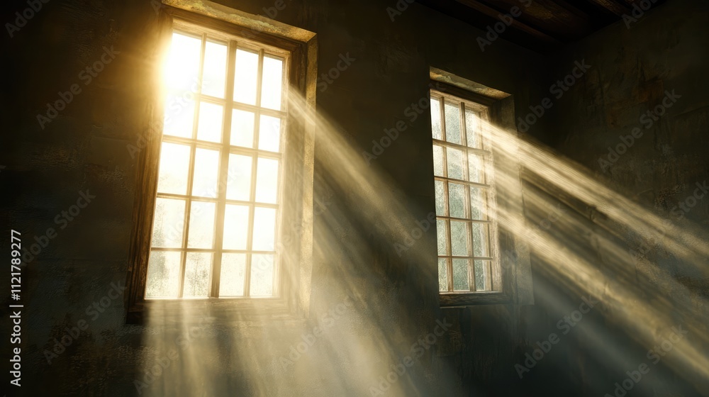 Poster sunlight streaming through vintage windows in an abandoned industrial building creating a moody retr
