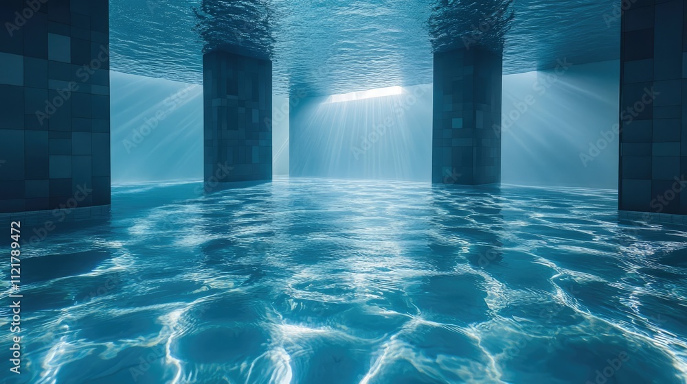 Poster calm pool water reflecting light with blue tiled walls and gentle wave patterns creating a serene un