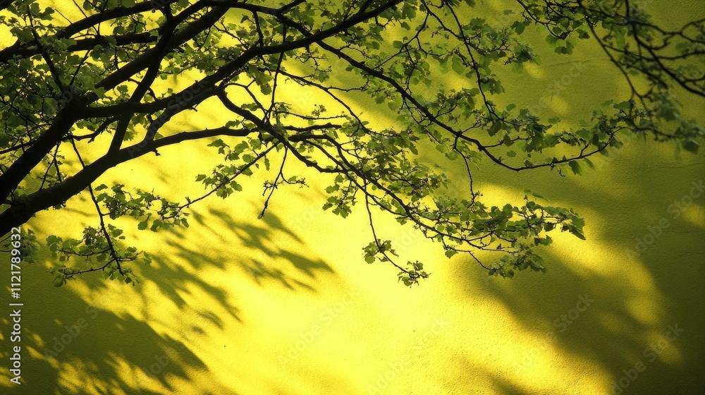 Aufkleber sunlight filtering through tree branches creating intricate shadows on a vibrant yellow wall
