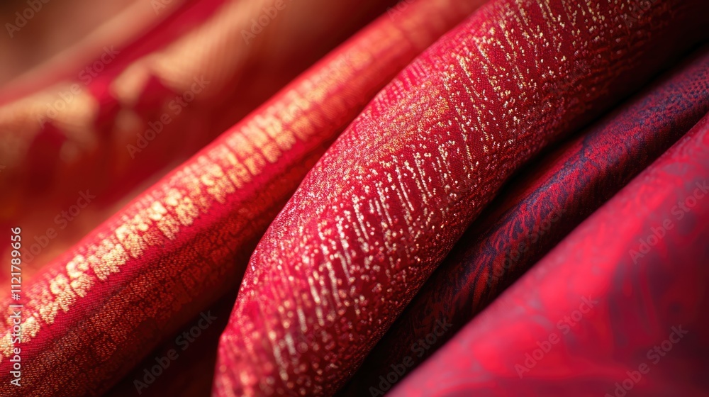 Poster Luxurious red silk fabric with intricate patterns and textures for upscale fashion and design applications.