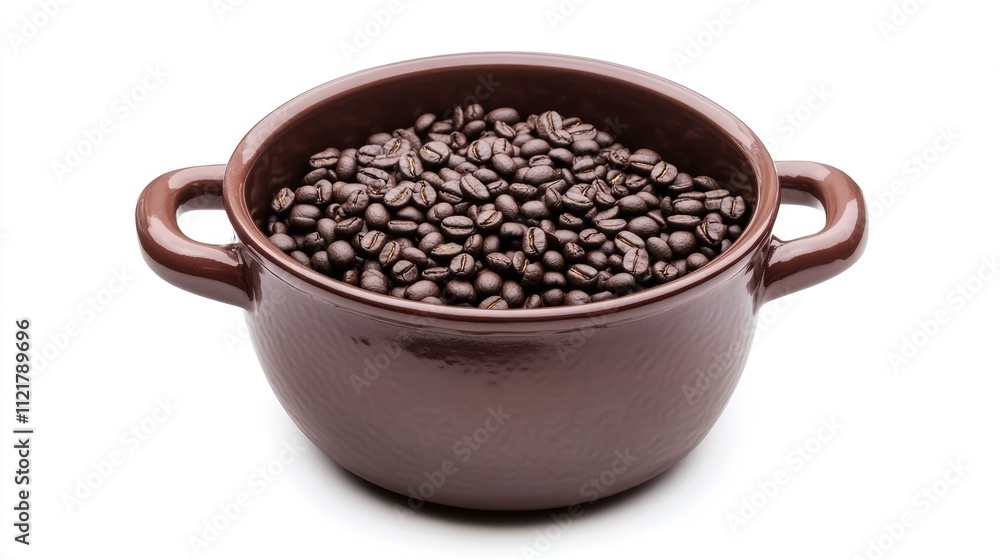Poster roasted coffee beans in a brown pot on a white background showcasing texture and color for culinary 