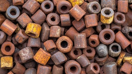 Collection of rusty scrap iron nuts and bolts showcasing various shapes and colors suitable for industrial or recycling themes