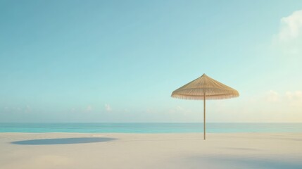 Serene beach scene featuring a straw rattan parasol on a tranquil shoreline under a clear blue sky ideal for summer vacation moments