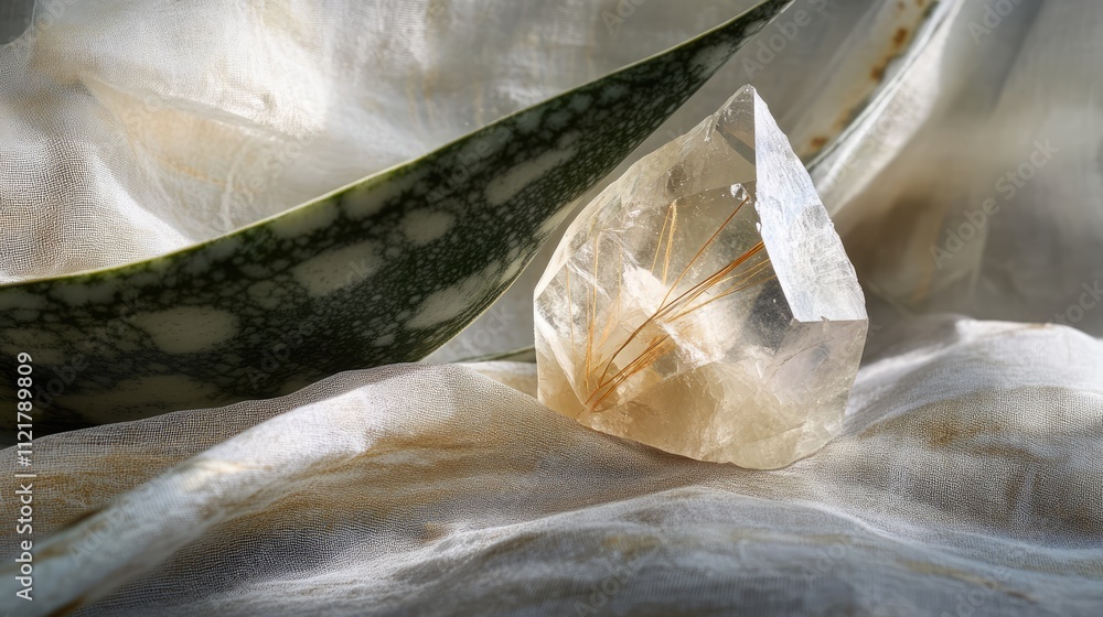 Poster rutilated quartz gemstone resting elegantly on a textured fabric with sansevieria plant leaves in a 