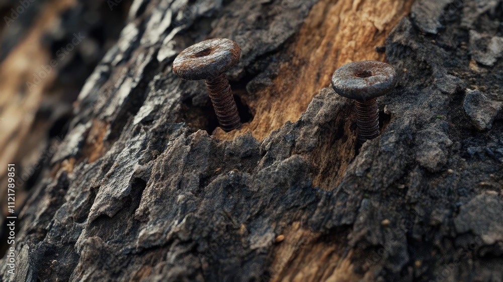 Poster rusty nails embedded in a weathered tree trunk showcasing the contrast of aged wood and metal constr