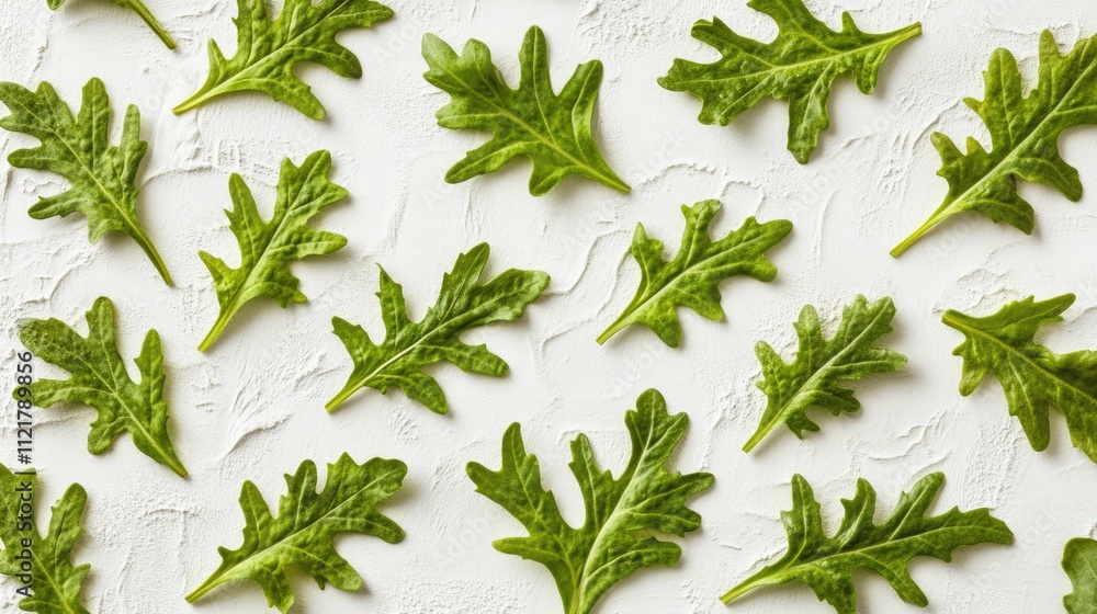 Poster fresh arugula leaves arranged artistically on a textured white background highlighting their vibrant