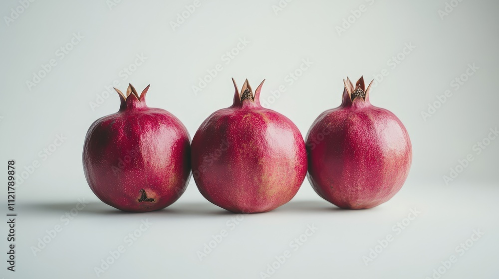 Poster fresh ripe pomegranates arranged neatly on a clean white background showcasing their vibrant color a